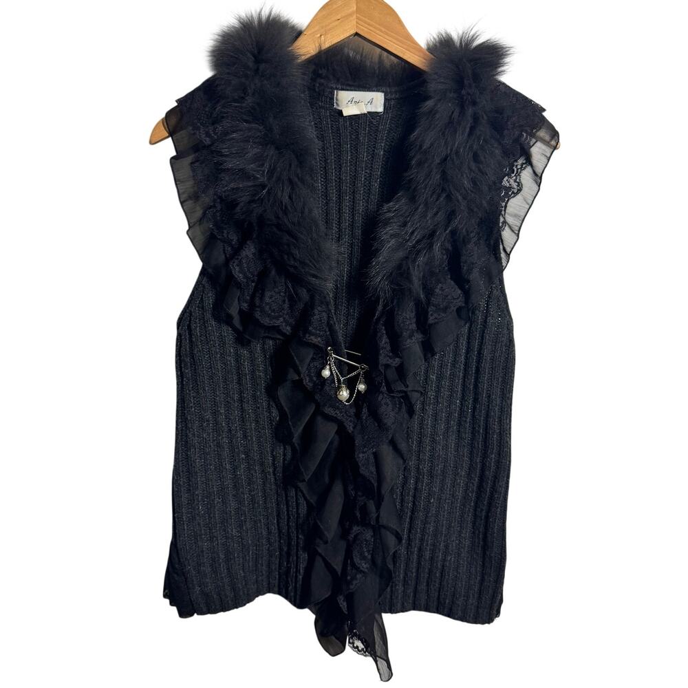 Vintage Ania A Dark Witchy Knit Vest Women M Black Bling Close Pin Closure Lace